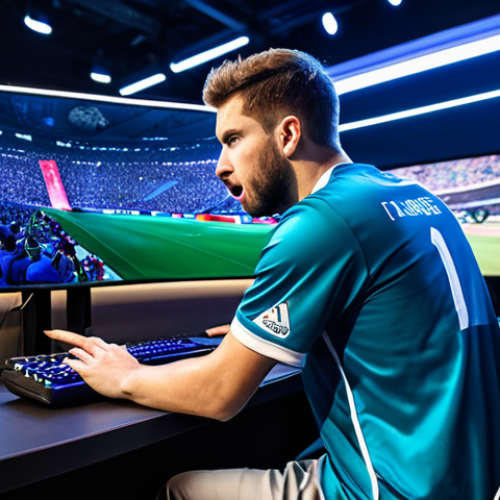 A professional esports player, male, in a vibrant, fully clothed esports jersey, intensely focused on a gaming monitor at a tournament station. Behind him, a diverse, fully clothed audience cheers enthusiastically, holding small, modest banners. Large, dynamic LED screens illuminate the modern esports arena, displaying the game with intense action. The atmosphere is electric, filled with shared passion and excitement. safe for work, appropriate content, fully clothed, professional, perfect anatomy, correct proportions, natural pose, well-formed hands, proper finger count, natural body proportions, professional sports photography, high quality, 8K, cinematic.