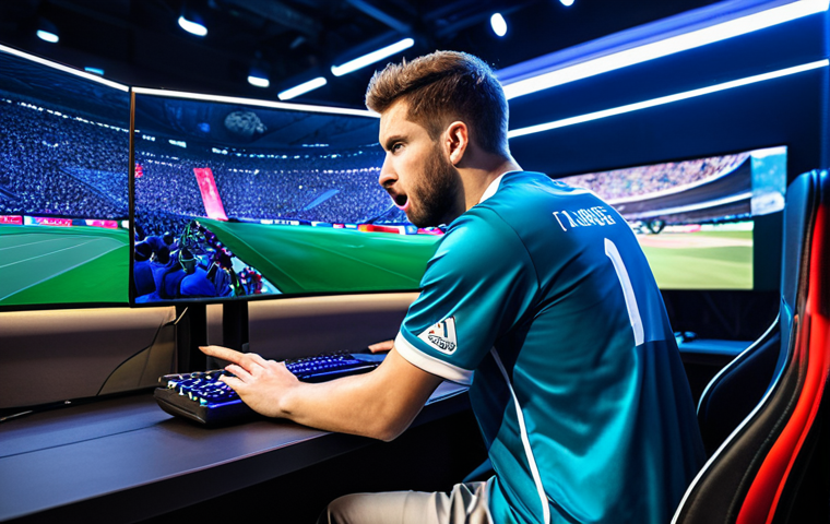 A professional esports player, male, in a vibrant, fully clothed esports jersey, intensely focused on a gaming monitor at a tournament station. Behind him, a diverse, fully clothed audience cheers enthusiastically, holding small, modest banners. Large, dynamic LED screens illuminate the modern esports arena, displaying the game with intense action. The atmosphere is electric, filled with shared passion and excitement. safe for work, appropriate content, fully clothed, professional, perfect anatomy, correct proportions, natural pose, well-formed hands, proper finger count, natural body proportions, professional sports photography, high quality, 8K, cinematic.