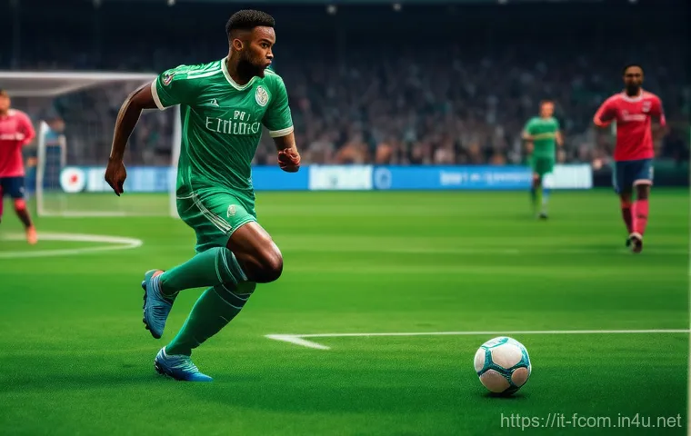 FC온라인 월드 클래스 비교 - **A football player in the midst of a dynamic, intuitive dribble, moving fluidly past an opponent on...