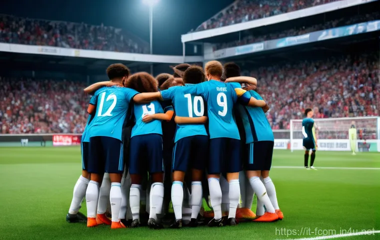 FC온라인 플레이스타일 개발 - **Team Synergy in Action:**
"A dynamic, wide-angle shot of a diverse football (soccer) team, con...