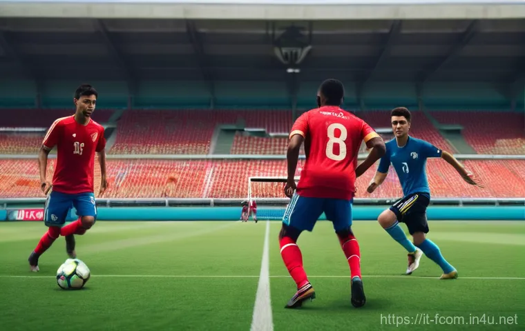 FC온라인 공격 루트 연구 - **Dynamic Forward Run:** A male soccer forward, mid-sprint, making a "run in behind" a defender on a...