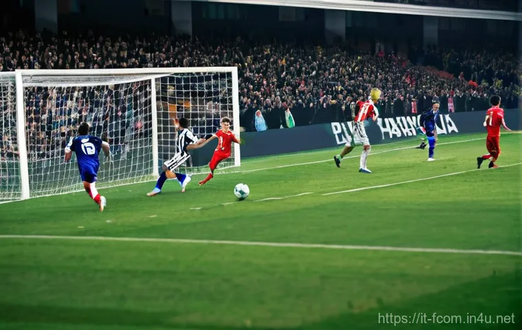 FC온라인 공격 루트 연구 - **Modern Tiki-Taka Triangulation:** A high-angle, cinematic view of three male soccer players execut...