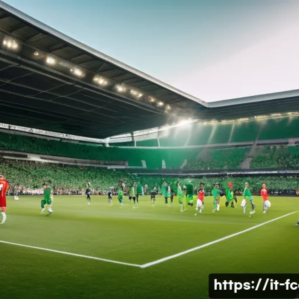 FC온라인 5인 스쿼드 조합 - A detailed scene of a soccer team huddled in a tactical discussion on a lush green pitch under brigh...