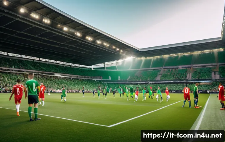 FC온라인 5인 스쿼드 조합 - A detailed scene of a soccer team huddled in a tactical discussion on a lush green pitch under brigh...