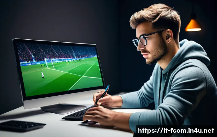 FC온라인 개인 경기 복기법 - A focused young adult male gamer sitting at a modern gaming setup in a cozy room decorated with Ital...