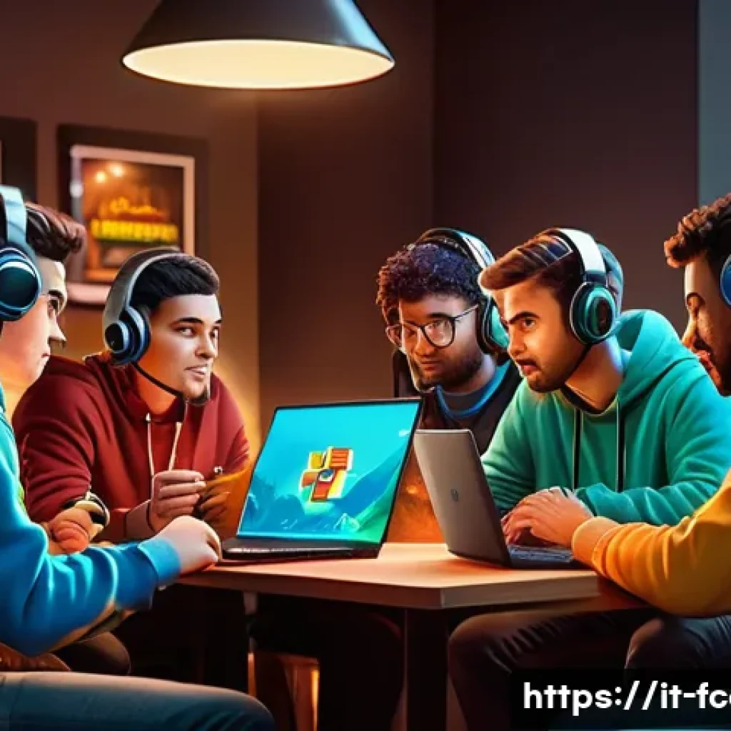 FC온라인 비매너 플레이 대처법 - A vibrant digital illustration of a diverse group of gamers playing an online competitive match in a...