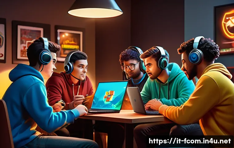 FC온라인 비매너 플레이 대처법 - A vibrant digital illustration of a diverse group of gamers playing an online competitive match in a...