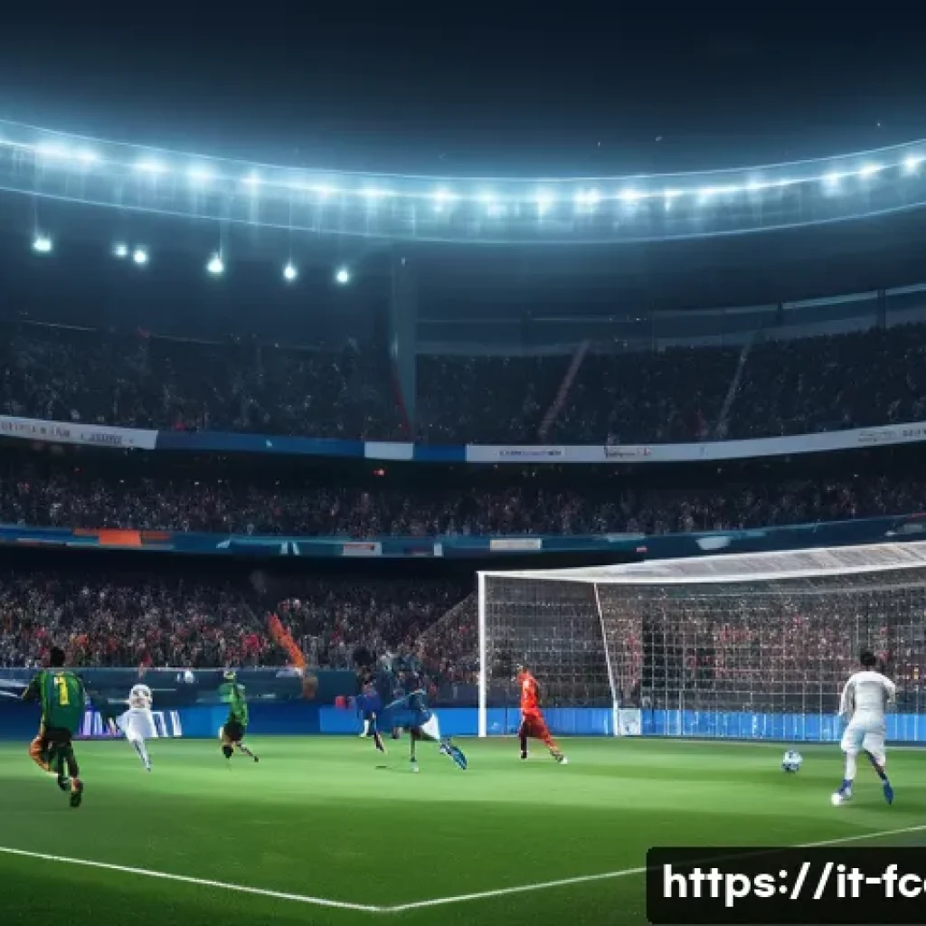 FC온라인 유저 리뷰 분석 - A highly detailed, realistic digital scene of an intense online multiplayer soccer match in a modern...