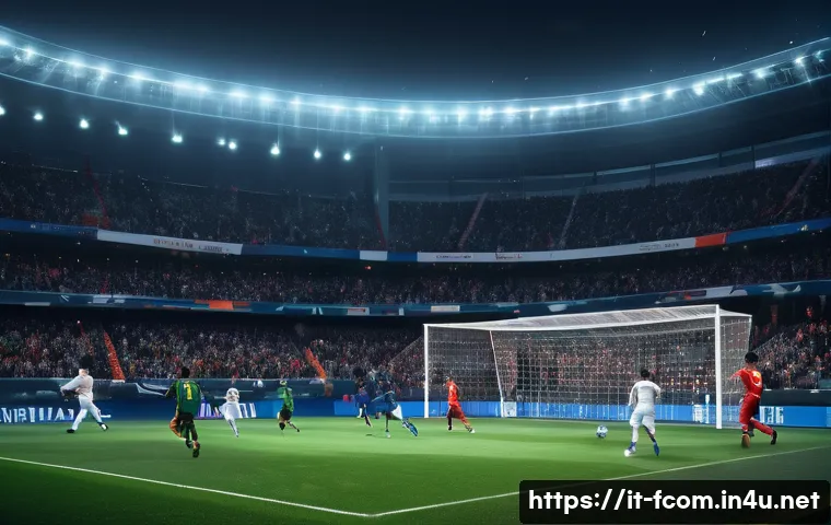 FC온라인 유저 리뷰 분석 - A highly detailed, realistic digital scene of an intense online multiplayer soccer match in a modern...