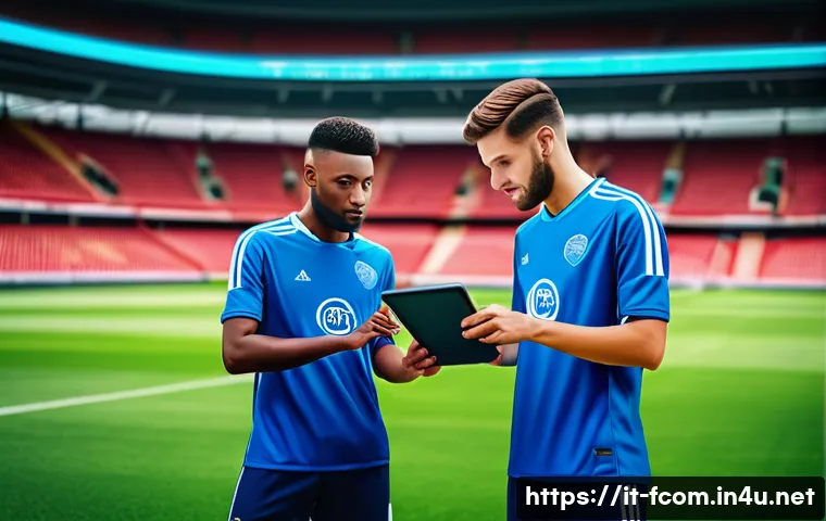 FC온라인 무과금 유저 생존법 - A vibrant digital illustration of a diverse group of young adult football players in a stadium, all ...