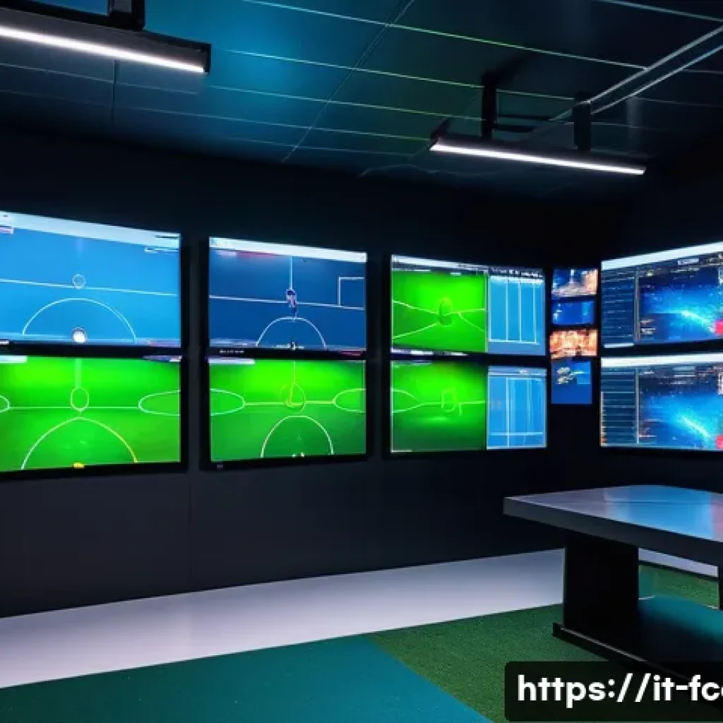 FC온라인 비디오 분석 활용 - A modern soccer coach’s tactical room with multiple large screens displaying advanced video analysis...