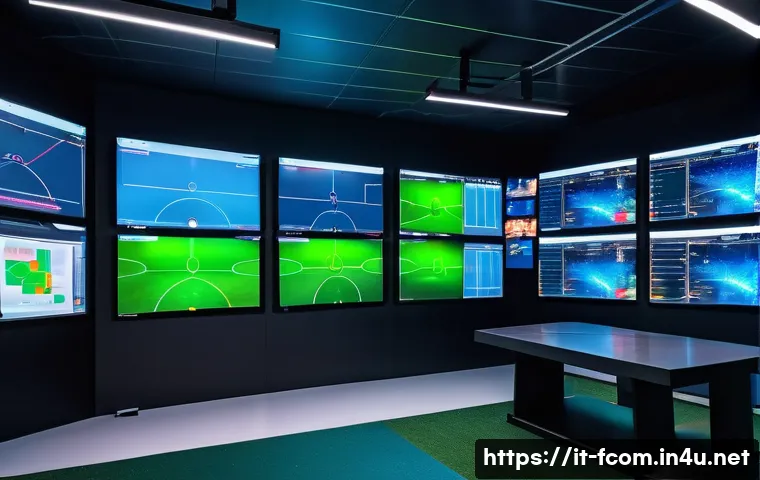 FC온라인 비디오 분석 활용 - A modern soccer coach’s tactical room with multiple large screens displaying advanced video analysis...