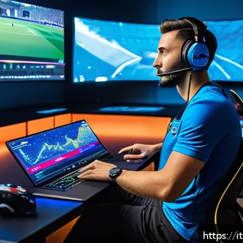 Home 33 FC온라인 게임코칭 서비스 - A modern gaming coach and player sitting together in a sleek, high-tech gaming room filled with mult...