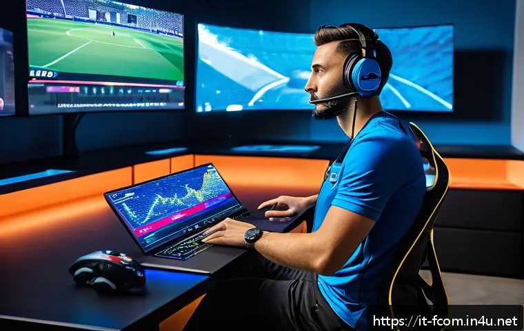 FC온라인 게임코칭 서비스 - A modern gaming coach and player sitting together in a sleek, high-tech gaming room filled with mult...