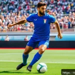Home 19 FC온라인 포지션별 필수 스킬 - A dynamic soccer defender in mid-action on a vibrant Italian stadium pitch, wearing a full team unif...