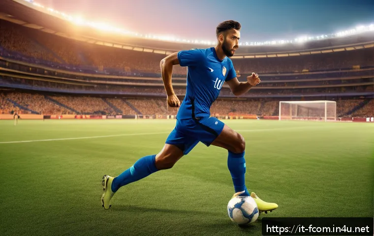 FC온라인 인기 클래스 순위 - A dynamic soccer scene featuring a fast forward player in sleek, modern soccer gear and visible athl...