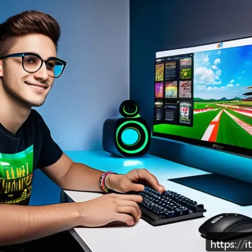 Home 17 FC온라인 프로모션 코드 - A vibrant digital gaming setup showcasing a young adult Italian gamer sitting comfortably at a sleek...