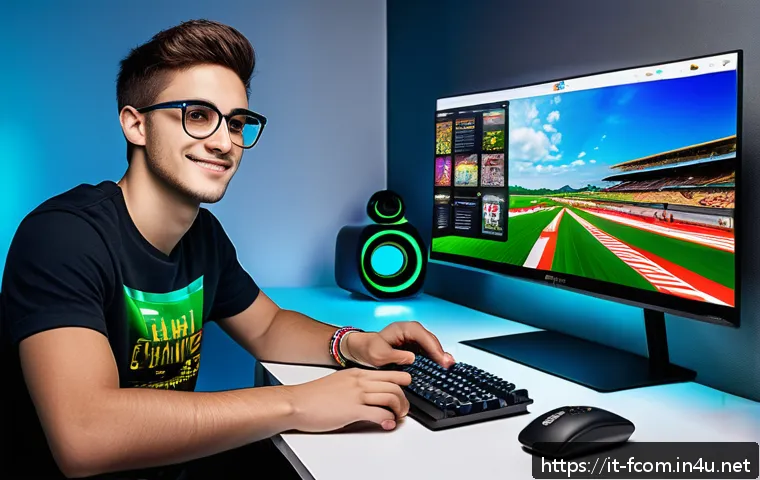 FC온라인 프로모션 코드 - A vibrant digital gaming setup showcasing a young adult Italian gamer sitting comfortably at a sleek...