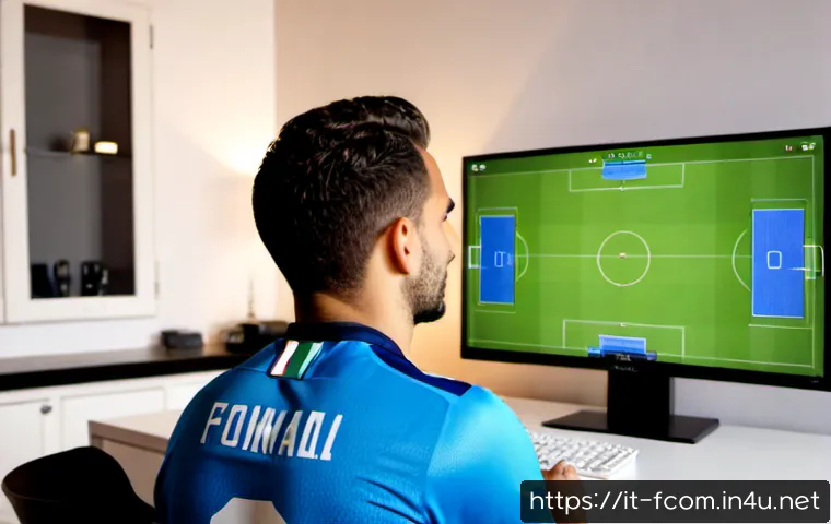 FC온라인 데이터 기반 경기 - Photorealistic Italian football fan analyzing a data-driven online football match at a clean home de...