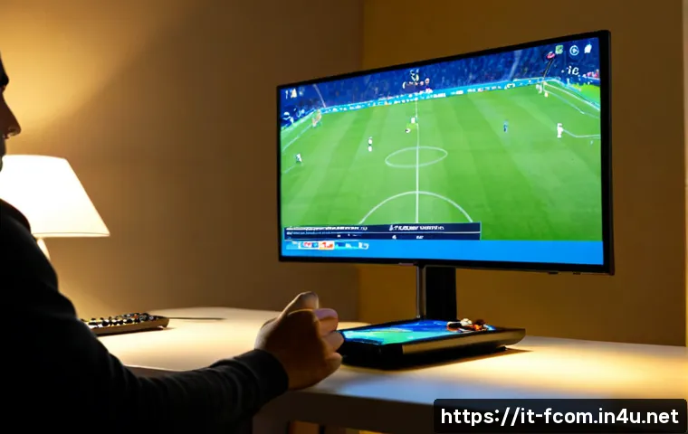 Home 17 FC온라인 경기 요약 자동 생성 - Photorealistic Italian football gaming enthusiast at a tidy modern home desk, reviewing an automatic...