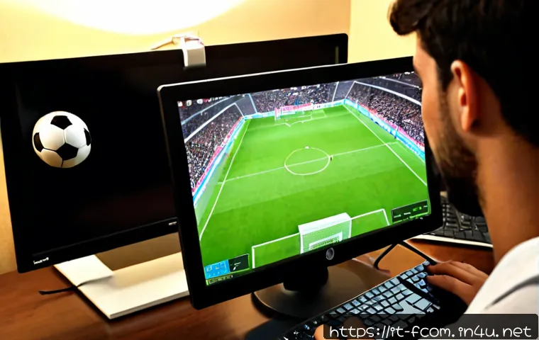 FC온라인 동영상 공유 팁 - Photorealistic over-the-shoulder view of an Italian football video game fan at a tidy home desk, usi...